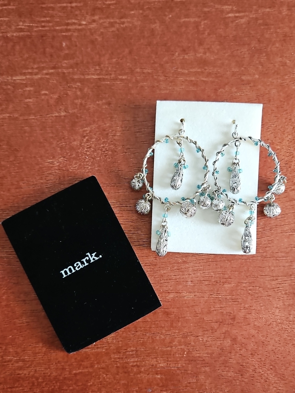 3" Silver Hoop Earrings with Aqua Accent Beads and Textured Charms